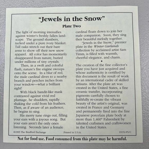 “Jewels In The Snow” 8 inch decorative plate with Certificate of Authenticity - Picture 5 of 5